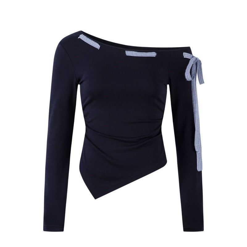 Navy Plaid Tie-Detail Slim-Fit Long Sleeve