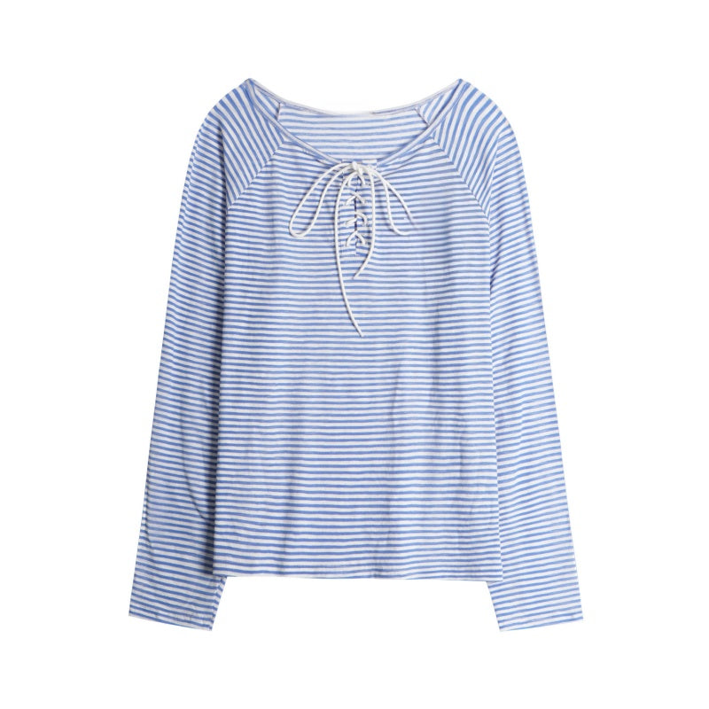 Blue and White Striped Off-Shoulder Long Sleeve