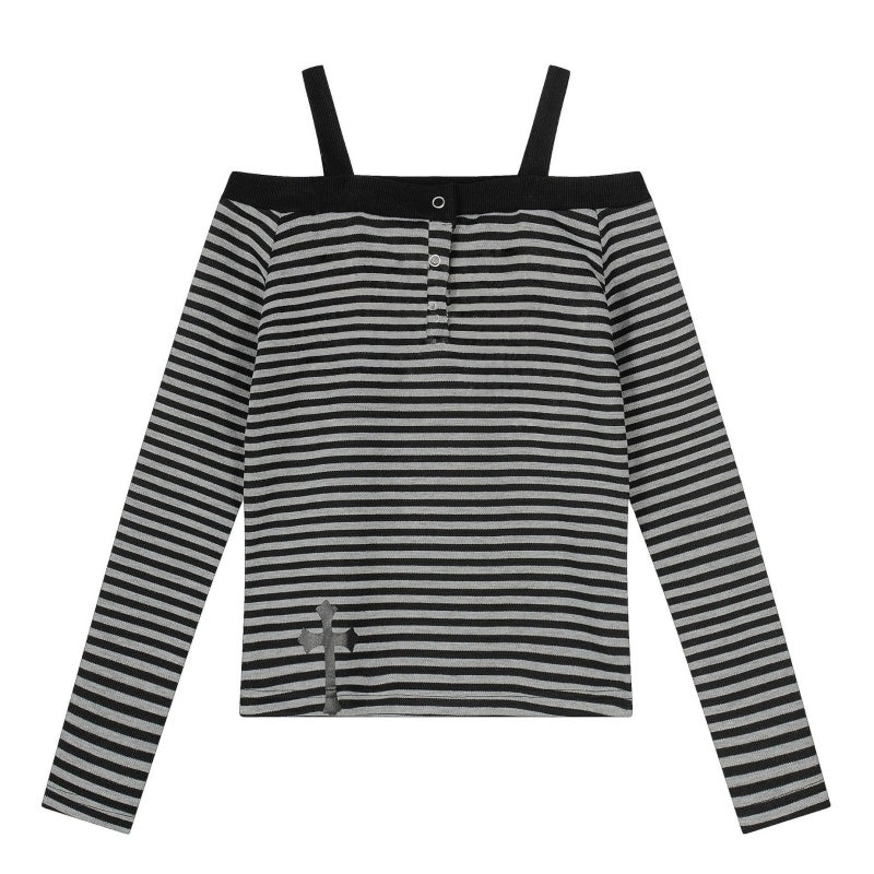 Vintage Striped Print Off-Shoulder Long Sleeve